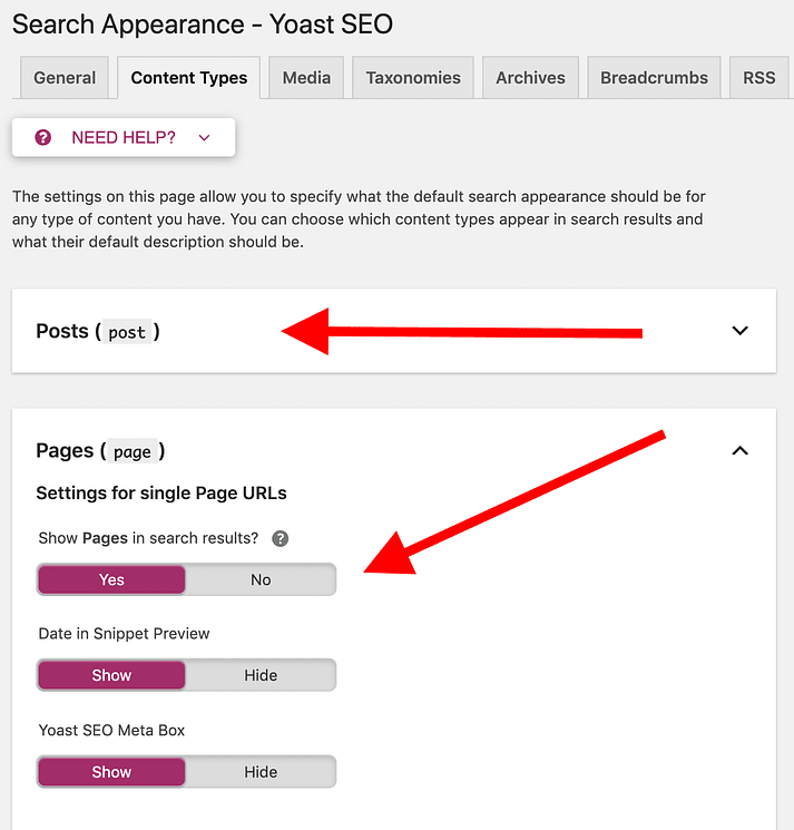Arama Görünümü ve bireysel sekmeleri geçmesi. İçerik Türleriyle Başlayın - 10 Temel WordPress SEO Ayarı Nedir?
