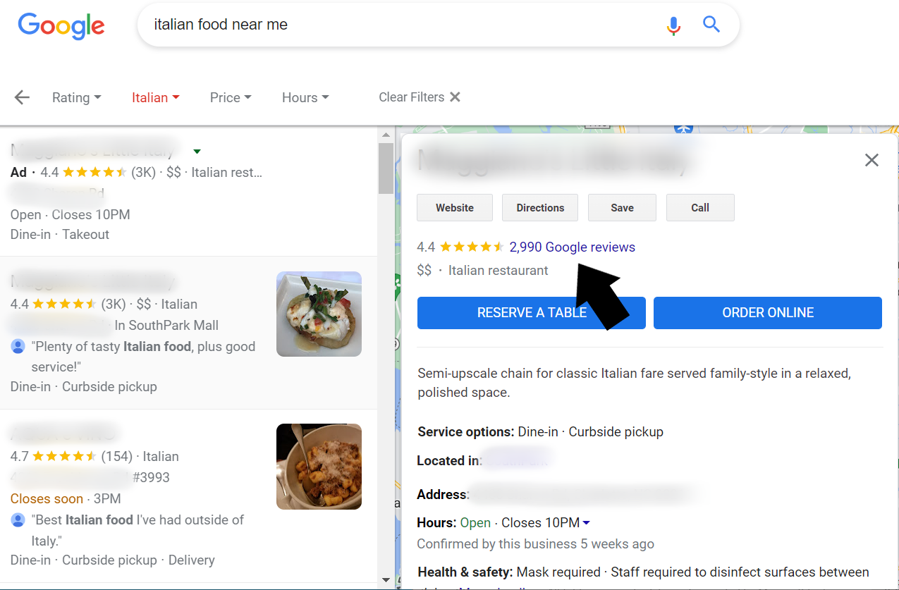 [yakınımdaki İtalyan yemekleri] aramasından ekran görüntüsü