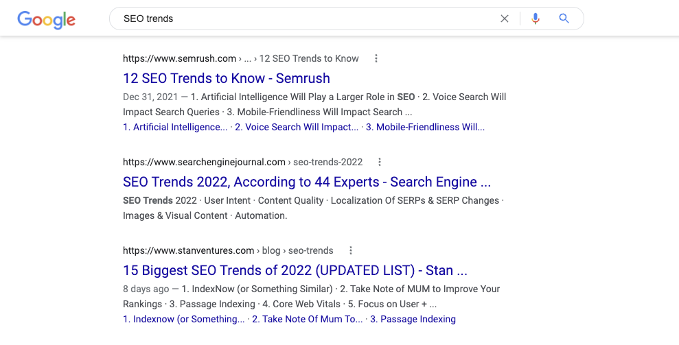[SEO trendleri] aramasından ekran görüntüsü