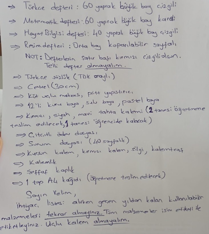 Okul Kırtasiye Listesi