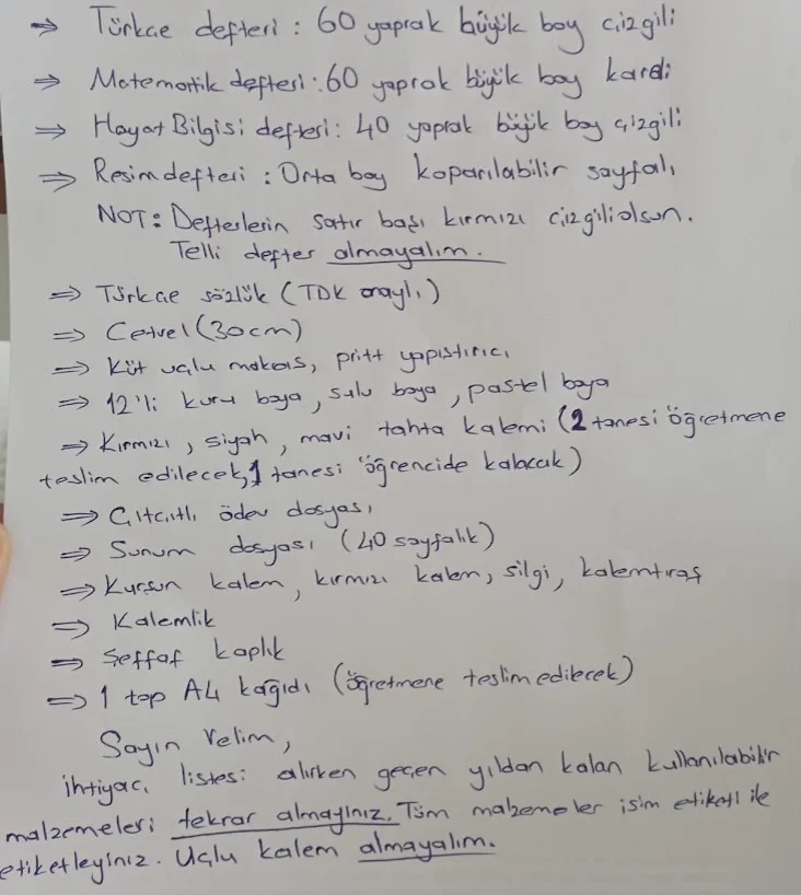 Okul Kırtasiye Listesi